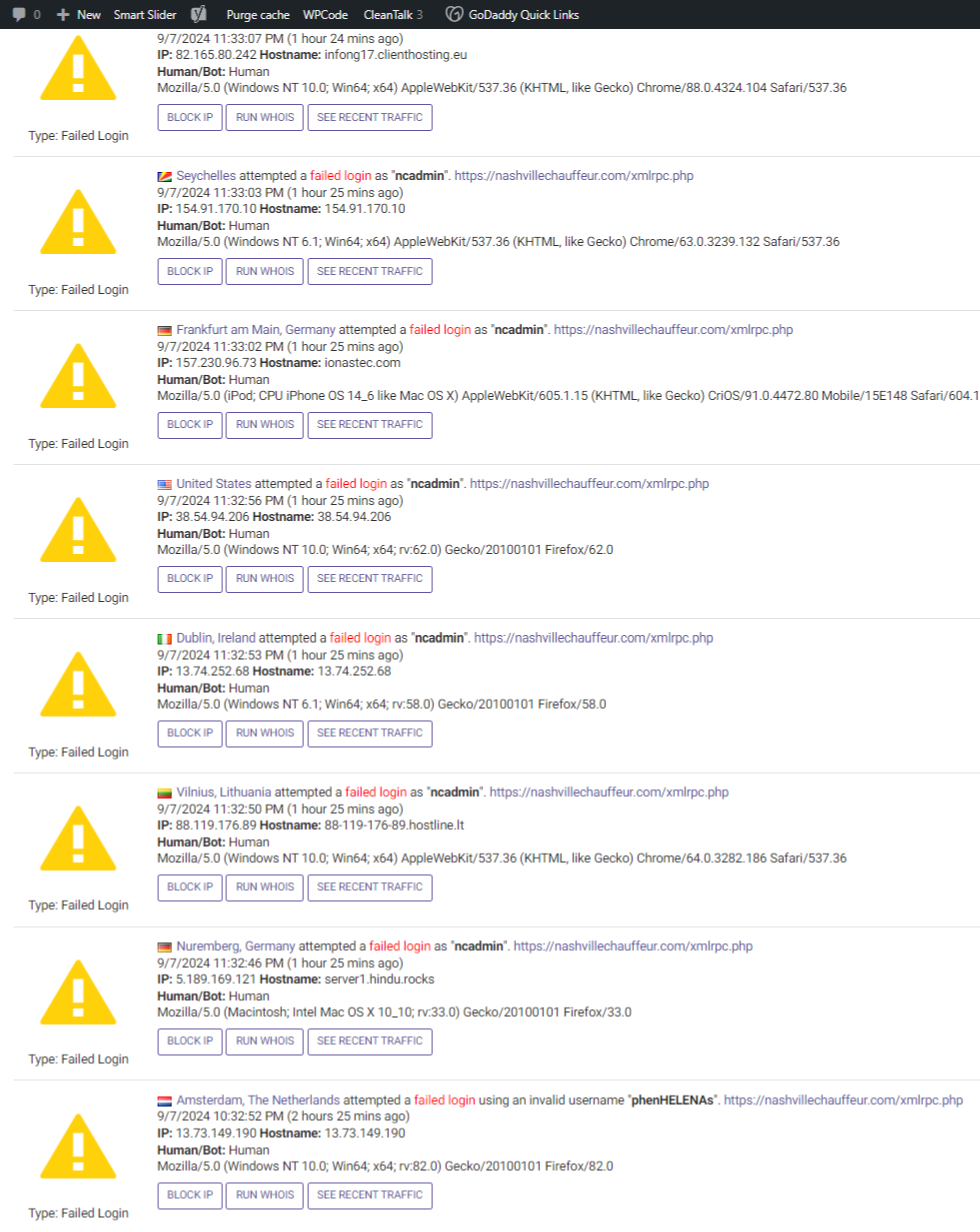 Live traffic and failed login attempts captured during the attack.