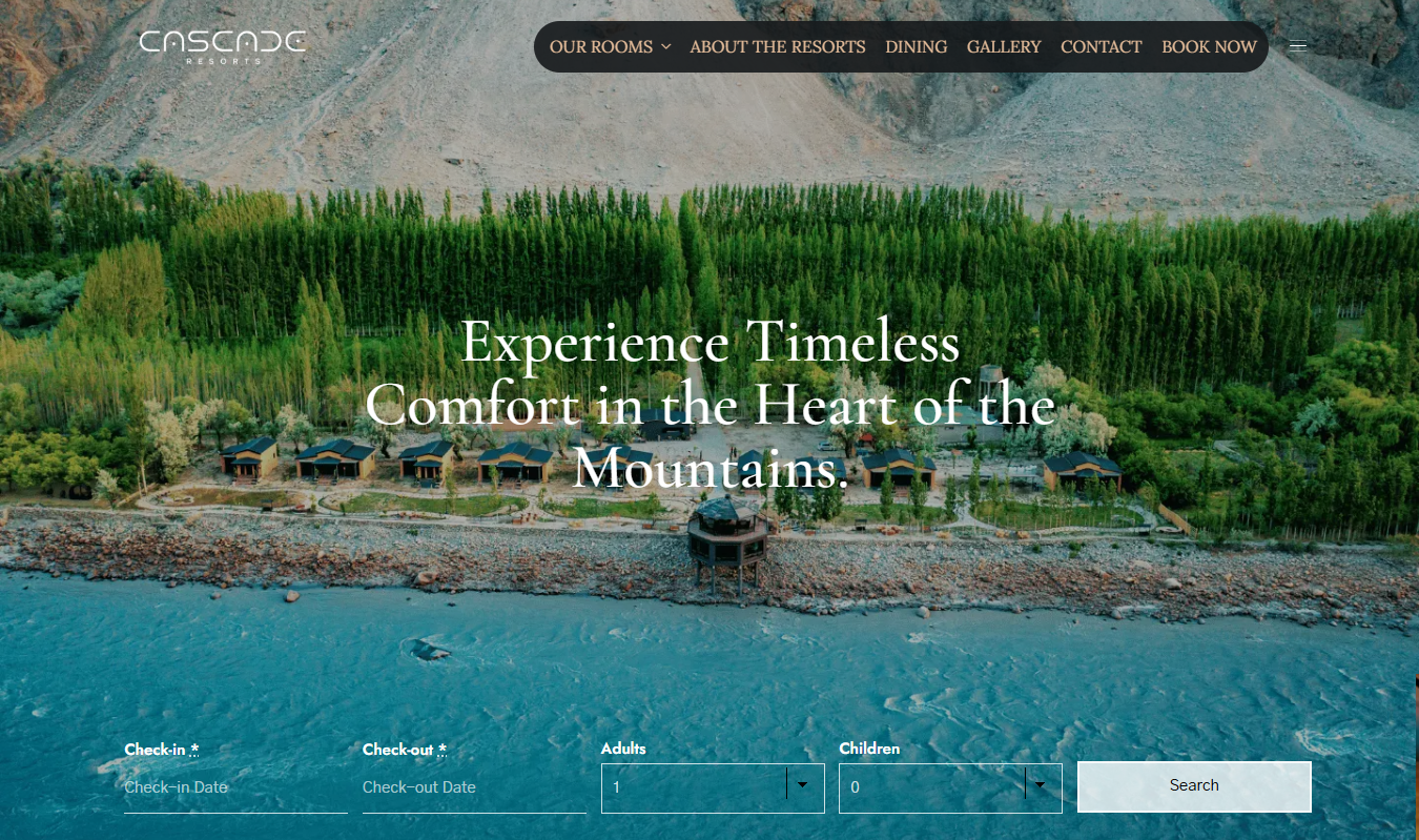 Cascade Resorts homepage: premium hospitality storytelling with clear navigation toward rooms and booking.